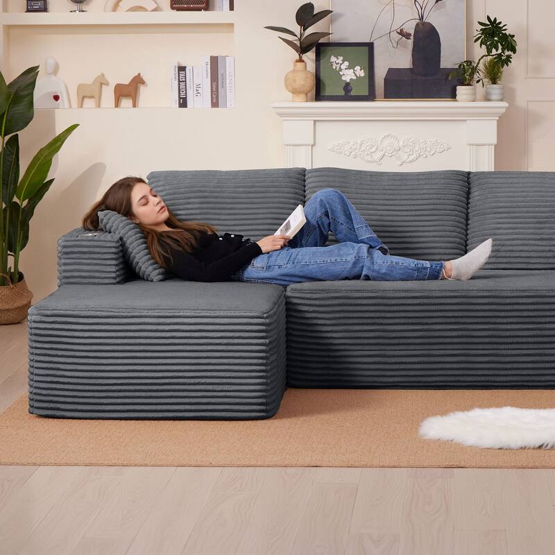 102.76" Corduroy Cloudy L Shaped Sofa with Chaise and Pillows