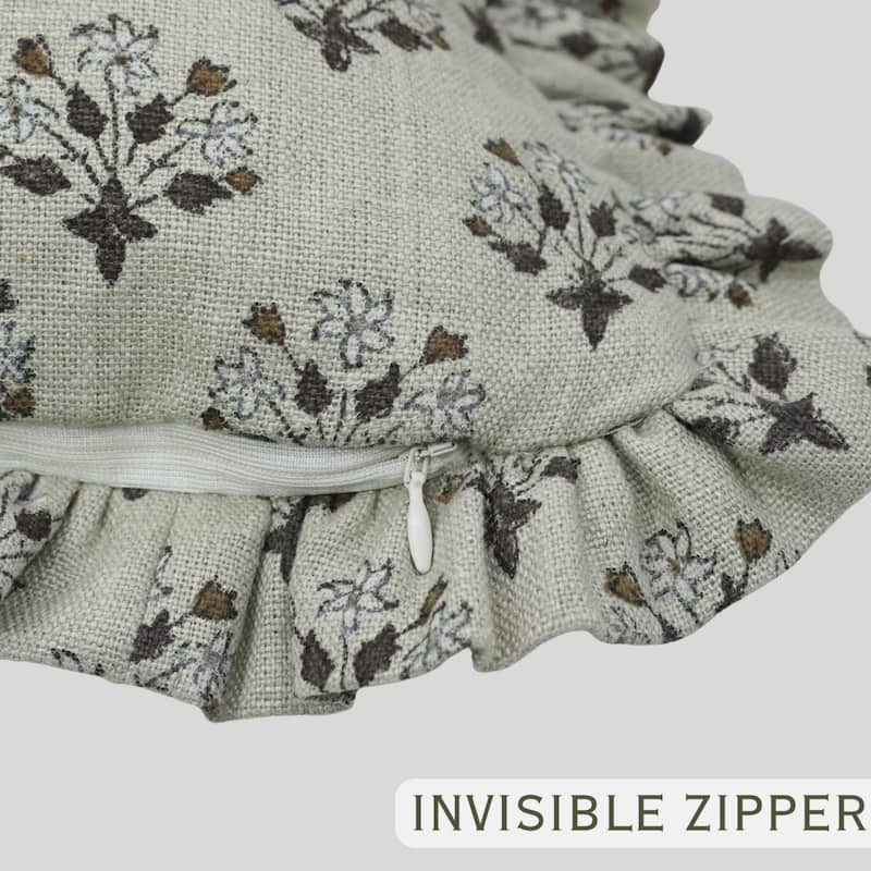 Fabdivine Heavy Linen Floral Ruffled Both Side Cushion Cover Home Décor Accent