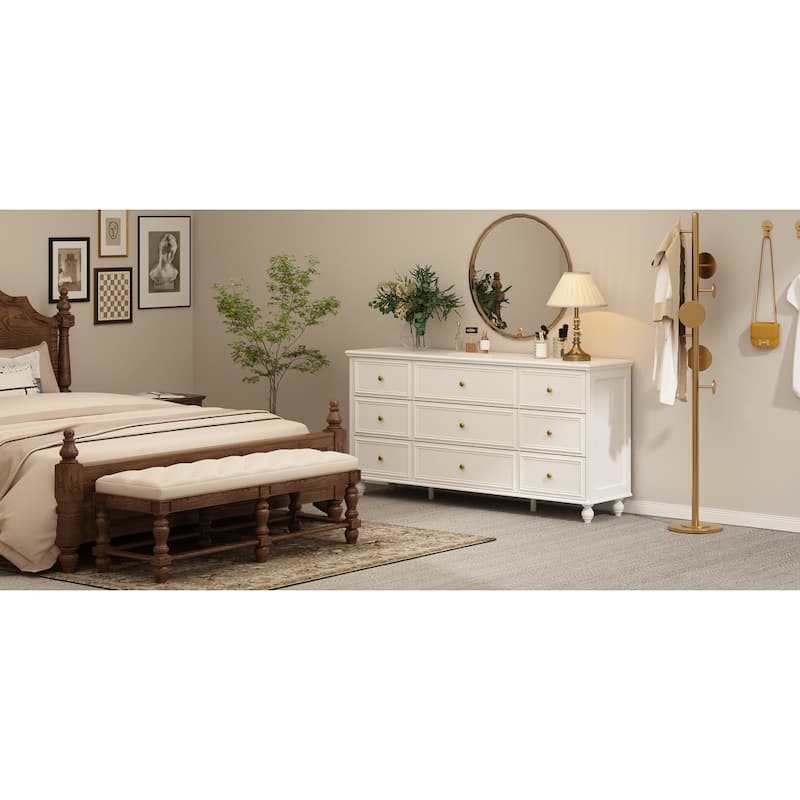 63" Wide 9/12 Drawer Dresser for Bedroom, Modern Farmhouse Double Dresser with Gold Knobs, Large Storage Chest