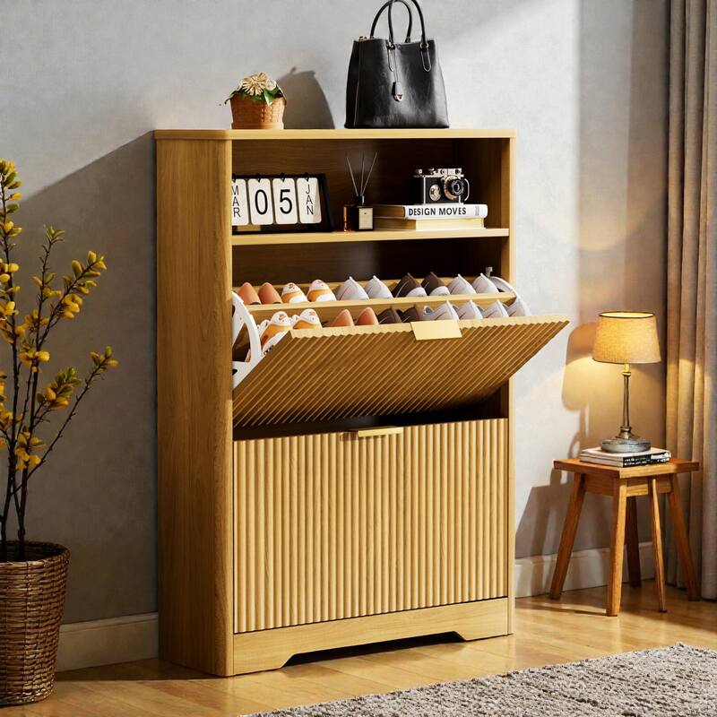 Modern Shoe Cabinet with 2 Flip Drawers, Tall Hidden Shoe Storage Organizer for Entryway, Hallway & Foyer