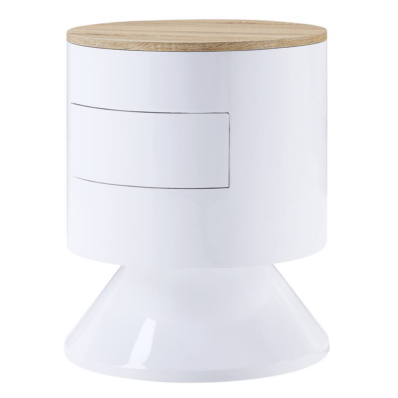 White High Gloss Drum Nightstand with Manual Close Drawer - White