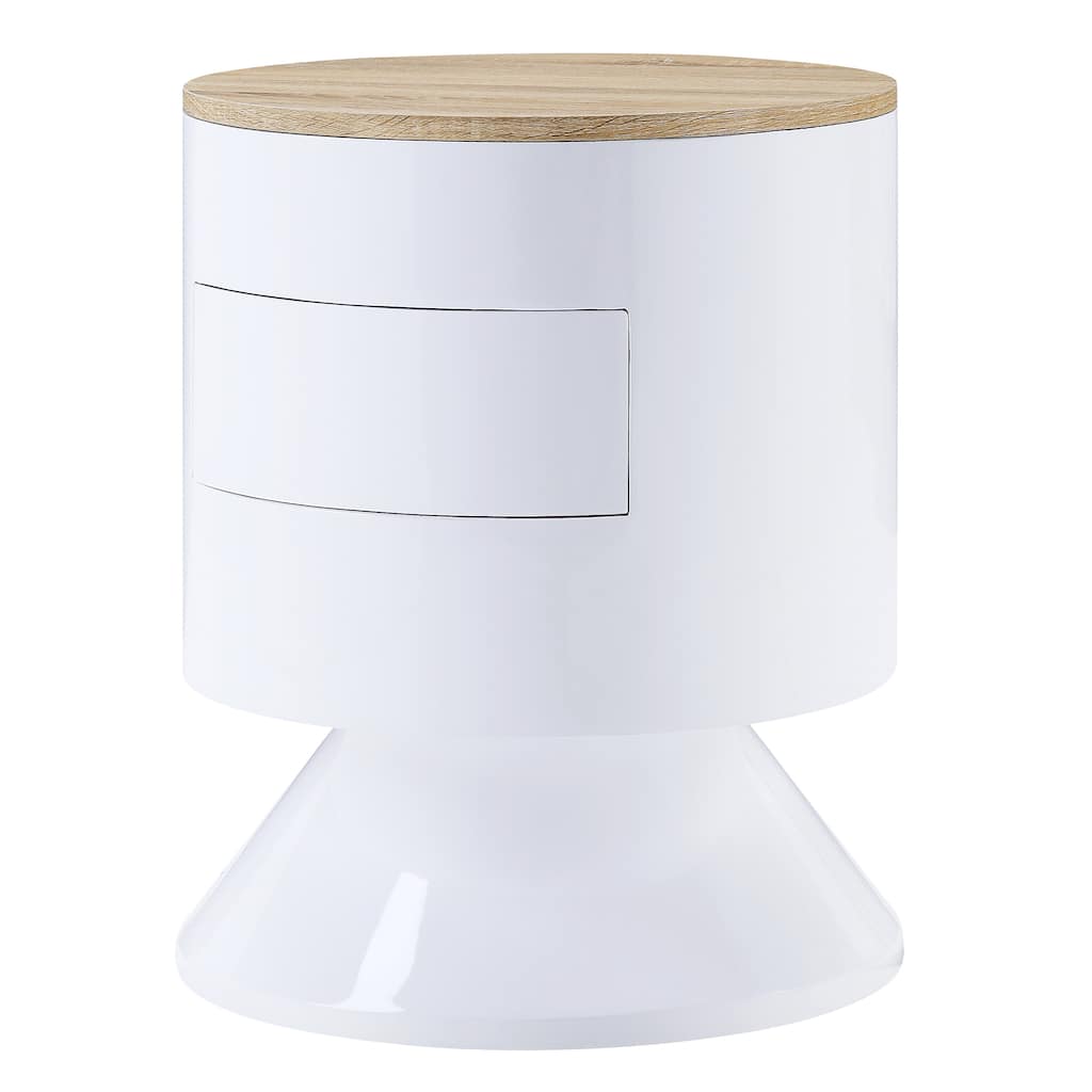 White High Gloss Drum Nightstand with Manual Close Drawer