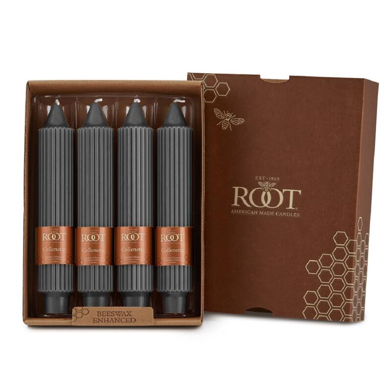 Root Unscented Grecian Collenette Taper Candles box of 4 - 7 X 1-1/4 - Stone
