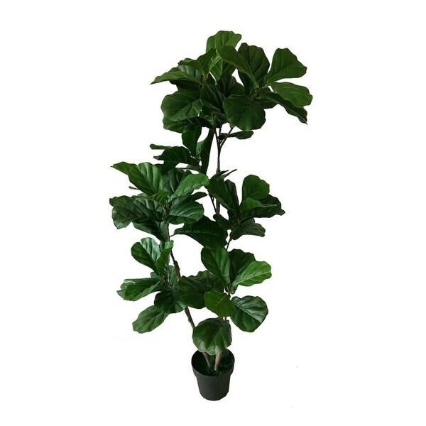 59" Green and Black Botanical Faux Round Potted Three-Branch Fiddle Leaf Tree - N/A