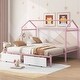 preview thumbnail 1 of 12, Twin XL to King Metal House Platform Bed Frame with Underneath 2 Drawers and House-shaped Frame for Kids, Teens Pink - King