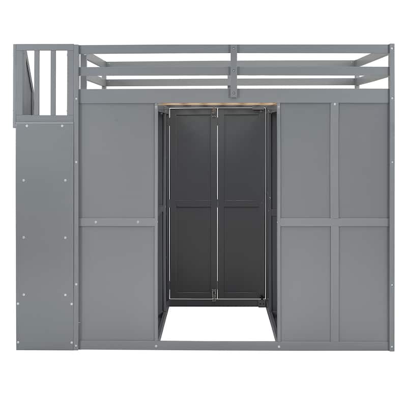Full Size Bunk Bed with Wardrobe, Desk, and Shelves for Kids