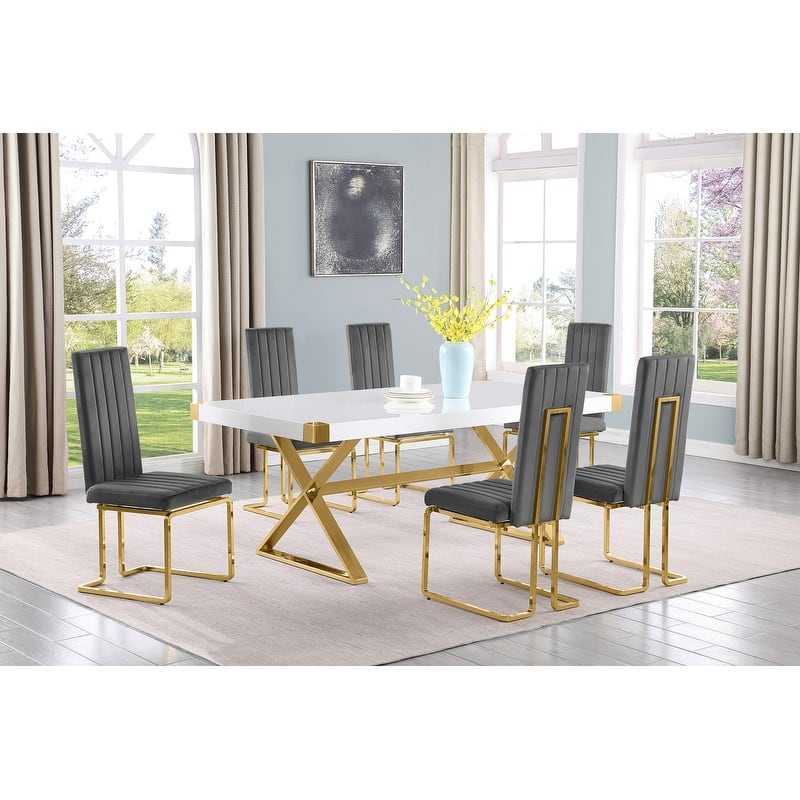 Best Quality Furniture D440/1-SC340-7 Dining Set with 78" White Lacquer Wood Top - 7-Piece - Dark Grey / Gold