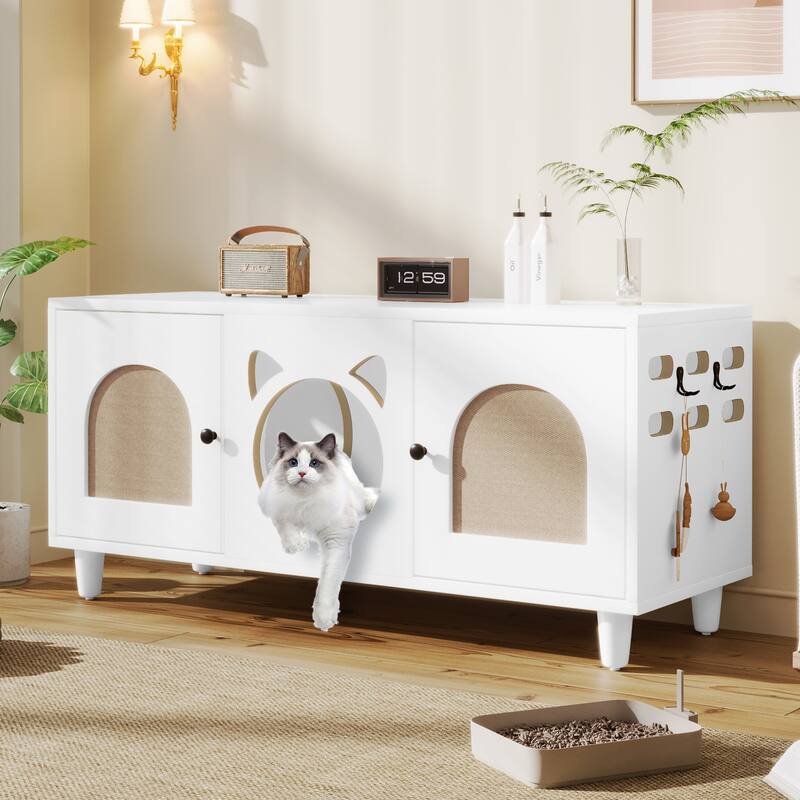Furniture Style Cat Cabinet Cream White Cat Litter Box With Sisal Scratching Door Cat Friendly Furniture