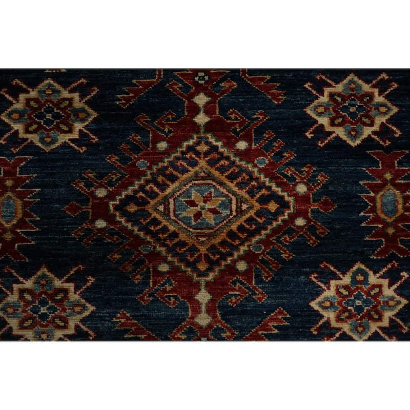 Hand Knotted Oriental 100% Wool Carpet Traditional Geometric Navy Blue & Blues Kazak Area Rug - 6' 0'' X 4' 0''