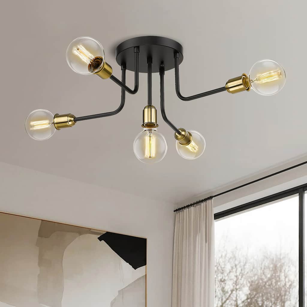 5-Light Modern Ceiling Light, Industrial Semi Flush Mount Ceiling Light Sputnik Chandelier, Black and Gold Finish