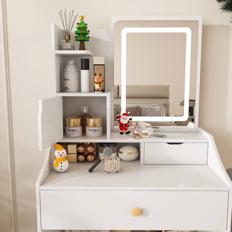 3-Color LED Vanity Mirror with Stool, Pink Dressing Table for Bedroom, 2 Drawers & 5 Storage Cabinets (4 Open + 1 Hidden)