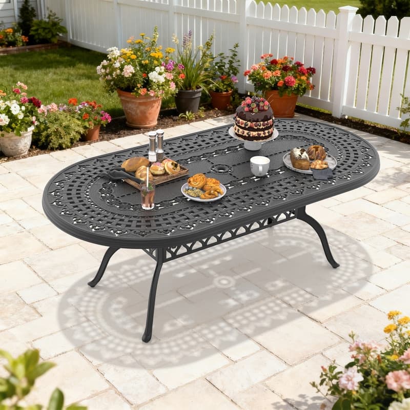 Outdoor Patio Oval Cast Aluminum Dining Table with Umbrella Hole for 8 Person