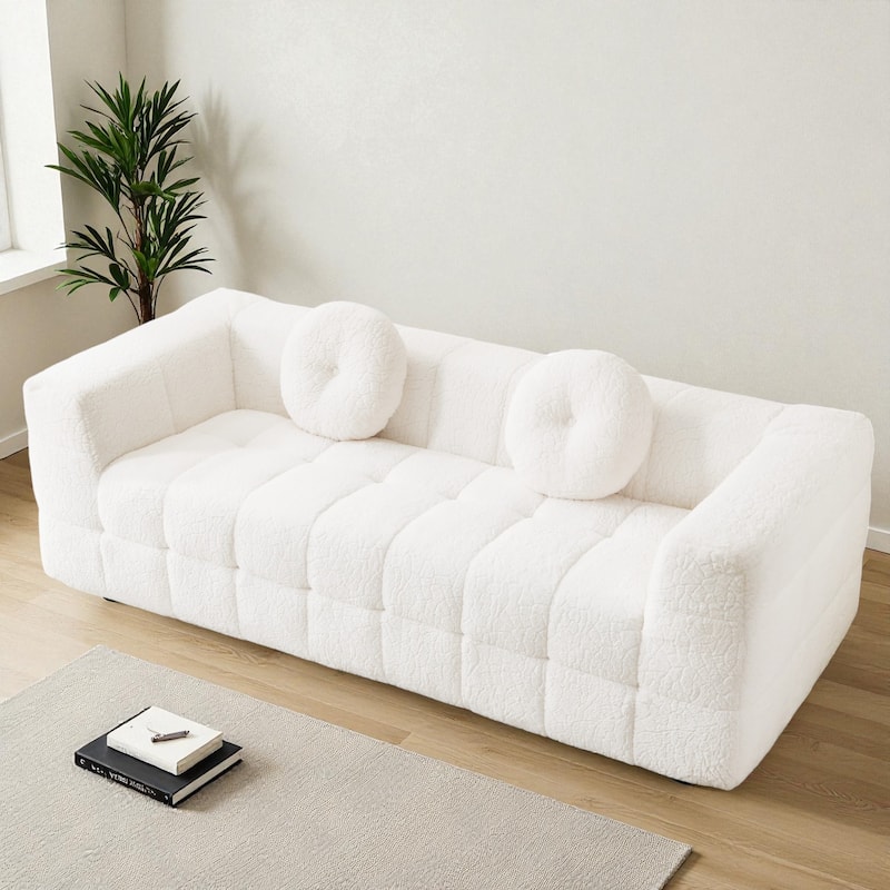84.6" Modern Boneless Cloud Sofa, Lychee-Textured Long-Pile Polyester 3-Seater Couch with Checkered Design and Round Pillows