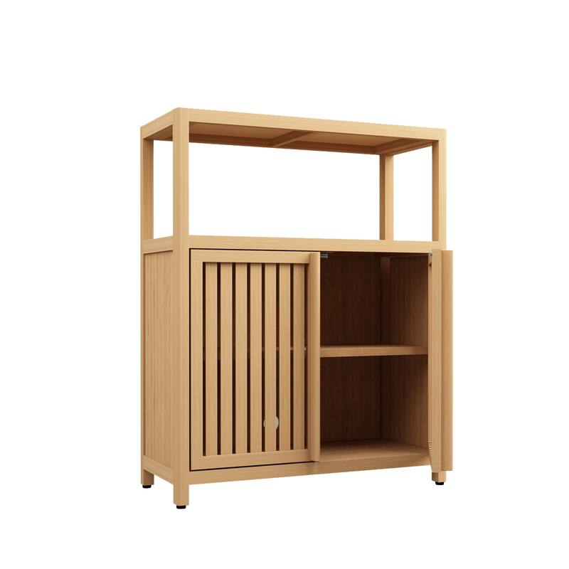 Bamboo Bathroom Storage Cabinet, Freestanding Storage Organizer, Bathroom Floor Cabinet with 2 Shutter Doors & Open Shelf