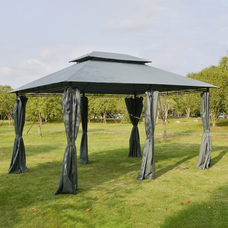 Outsunny 2-tier Grey Outdoor Garden Gazebo with Removable Curtains - Grey