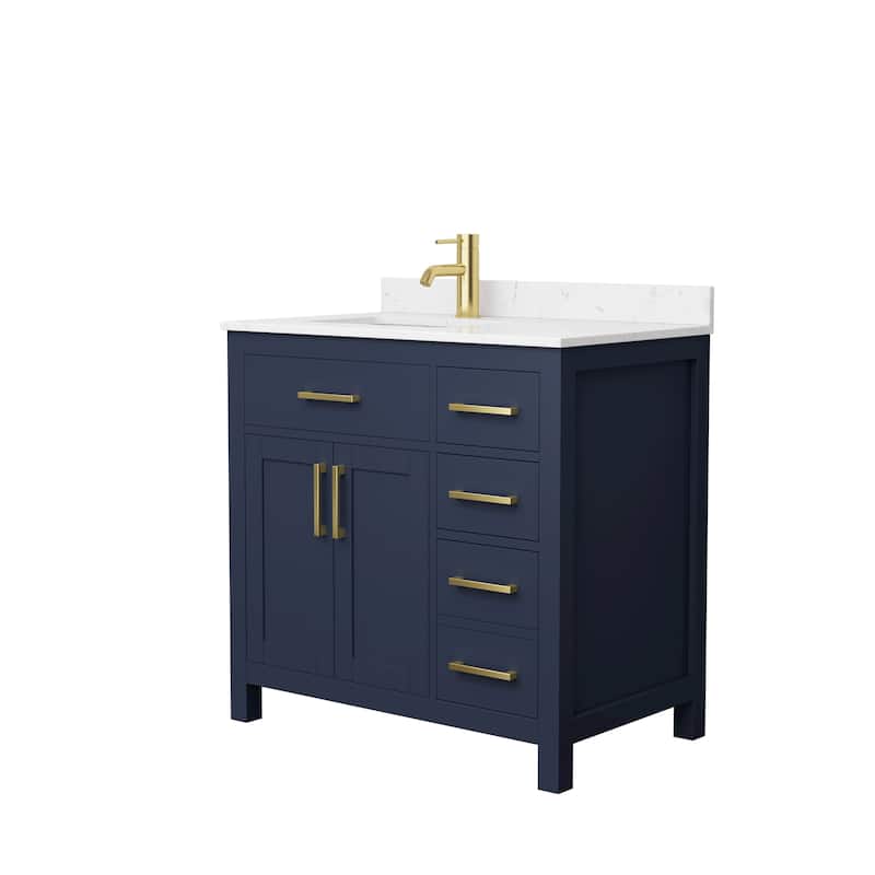 Beckett 36 Inch Single Vanity, Cultured Marble Top - Dark Blue, Gold Trim, Carrara Cultured Marble Top