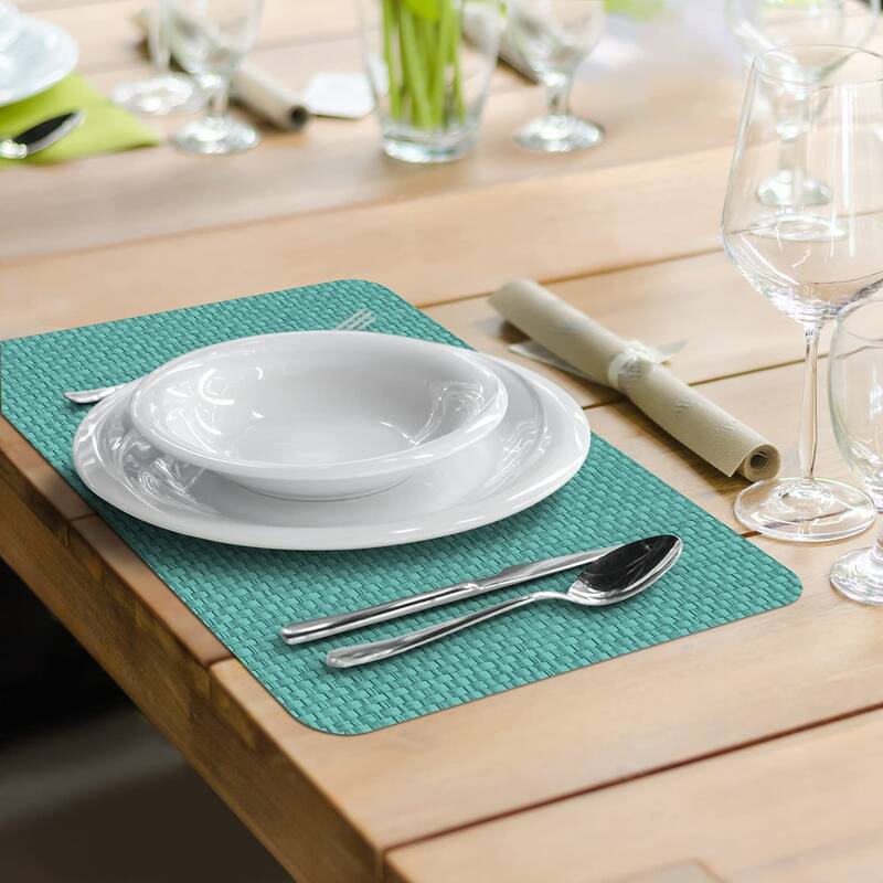 CounterArt Teal and Natural Basket Weave Design Reversible Easy Care Plastic Placemat Set of 4 Made in The USA