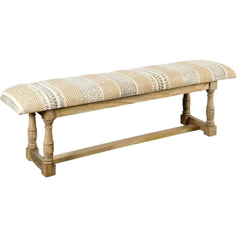 HomeRoots 59" Beige Orange and Brown Geometric Upholstered Jute Accent Bench - 59.0L x 14.3W x 19.0H