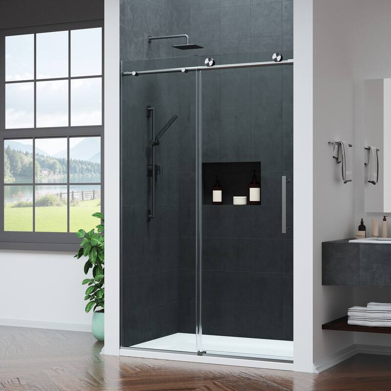 Mountain 48-inch Reversible Frameless Sliding Glass Shower Door with Soft-Close System