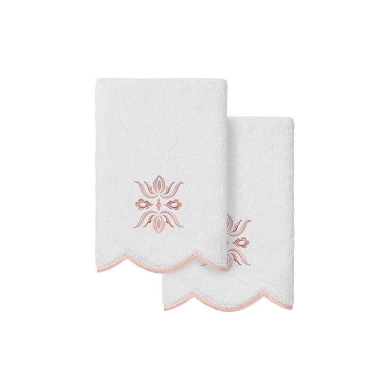 Authentic Hotel and Spa 100% Turkish Cotton FLOWER CREST Scallop Towel Collection - White/Pink - 2 Fingertip Towels