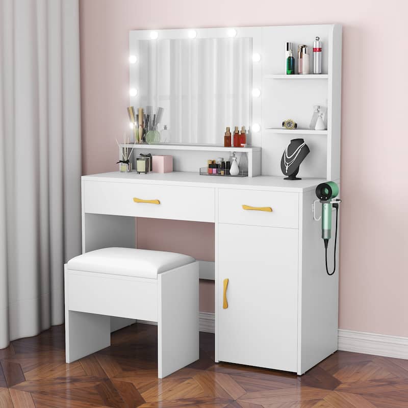 Vanity Desk Makeup Table Light Strip Mirror Dressing - 35.4"L x 15.7"W x 53.5"H - Off-White