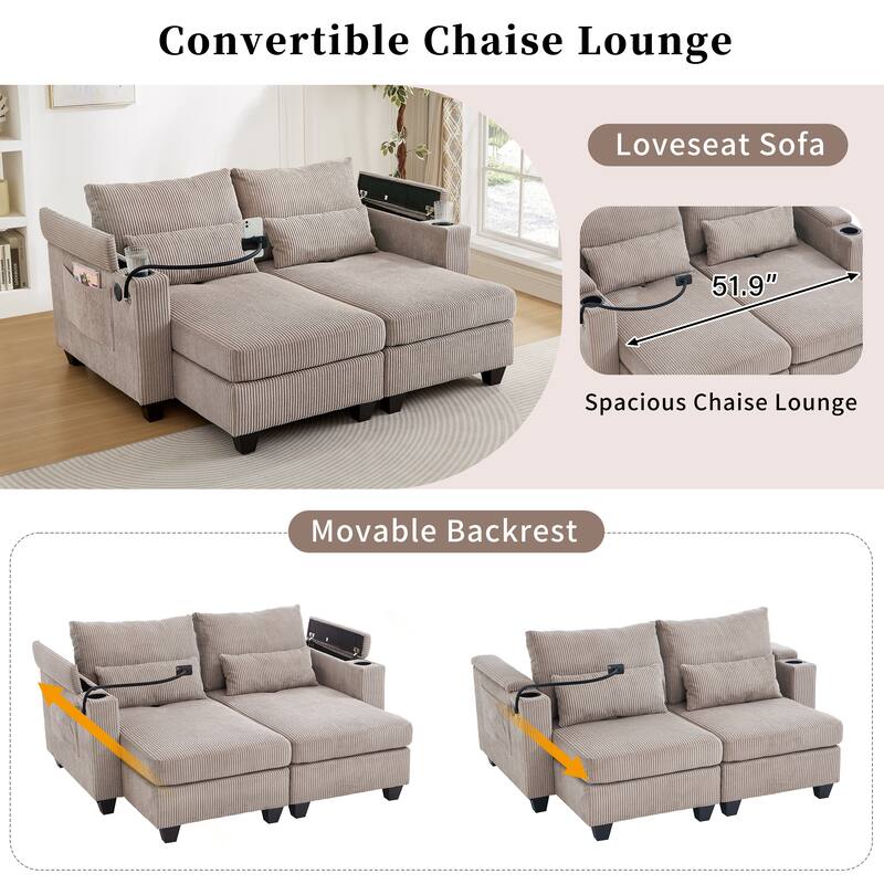63" Convertible Chaise Lounge Chair, Corduroy Upholstered Sofa Bed with USB Ports & Cup Holders, Living Room Loveseat Sofa