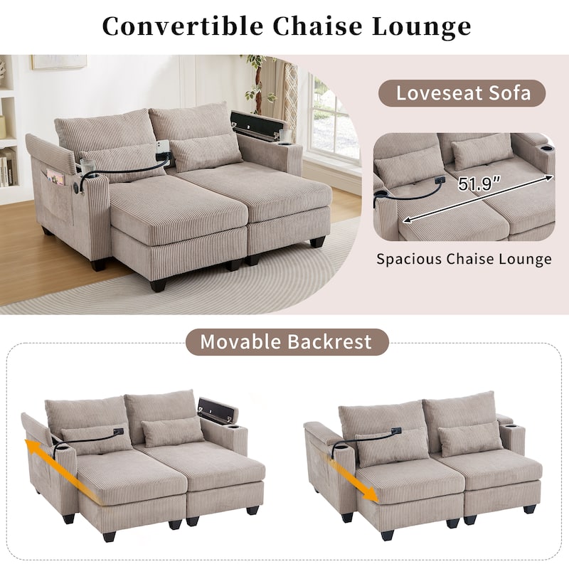 Convertible Chaise Lounge Loveseat with USB Ports, Cup Holders, Storage & Phone Mount