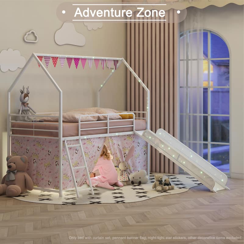 Kids' Twin Loft Bed with Slide, Curtain Set, Banner Flag, and Star Stickers in Multiple Colors