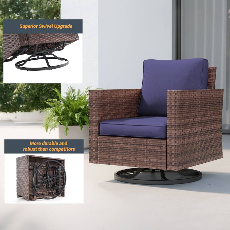 LIVOOSUN 3-Piece Patio Sofa Set Outdoor Rattan Swivel Rocking Chair Glass Table