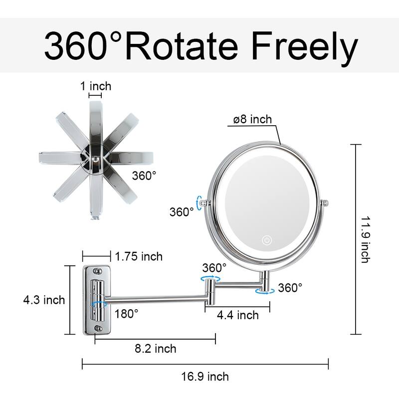 8 in. Small Round 10X Magnifying 3-Color-LED Touch Screen Bathroom Makeup Mirror with Built-in Battery and Type-C Port