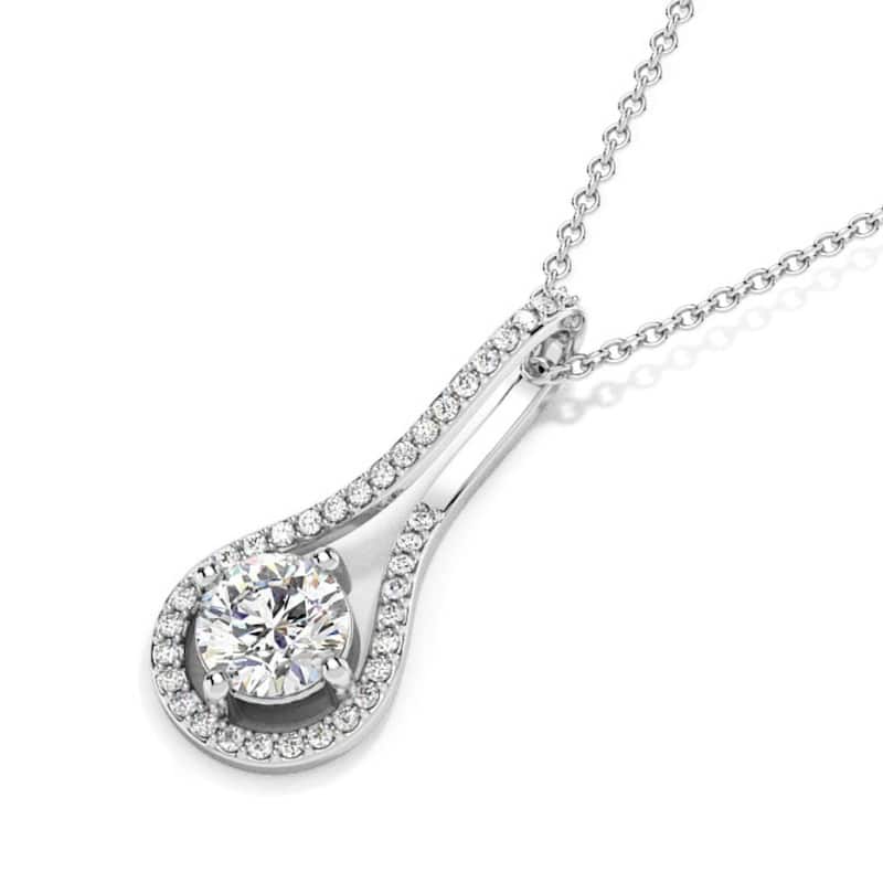 1 1/10Ct TW Diamond Halo Drop Pendant Gold Necklace Lab Grown 1" Tall