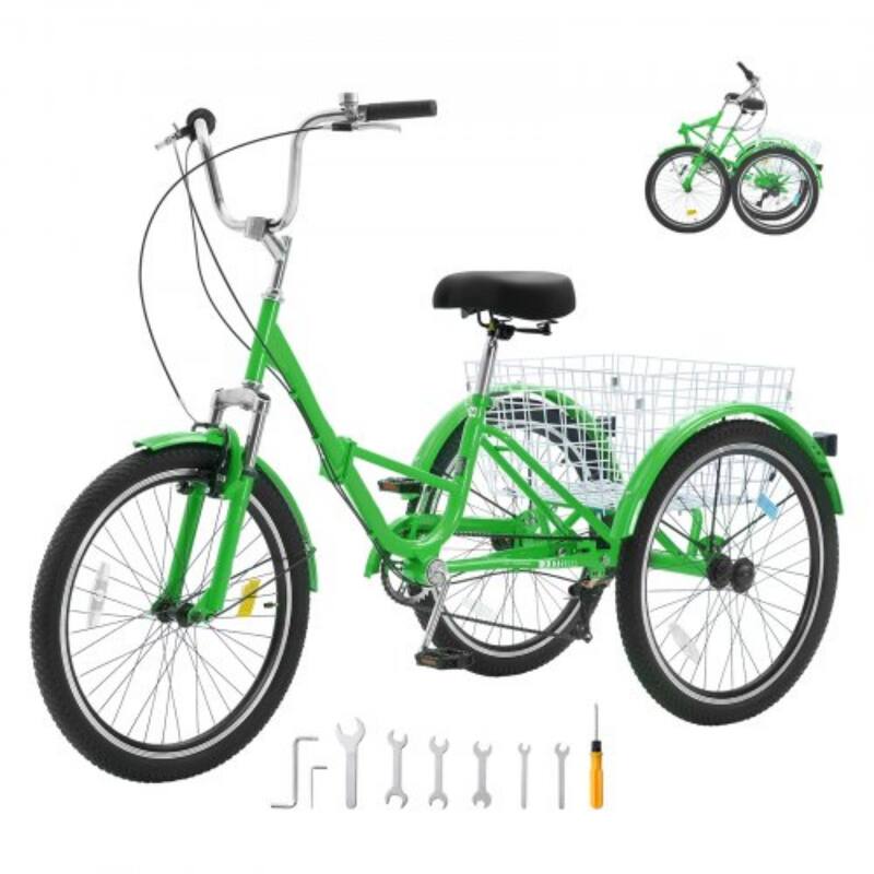 24-Inch Folding Adult Tricycle, 7-Speed Carbon Steel 3-Wheel Bike with Basket - 70.9 x 29.9 x 45.9 in - Green