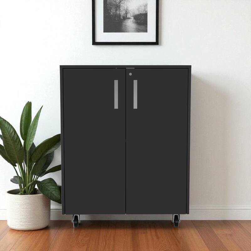 HomeRoots 35" Black Wood Rolling Storage Cabinet With Two Doors - Black