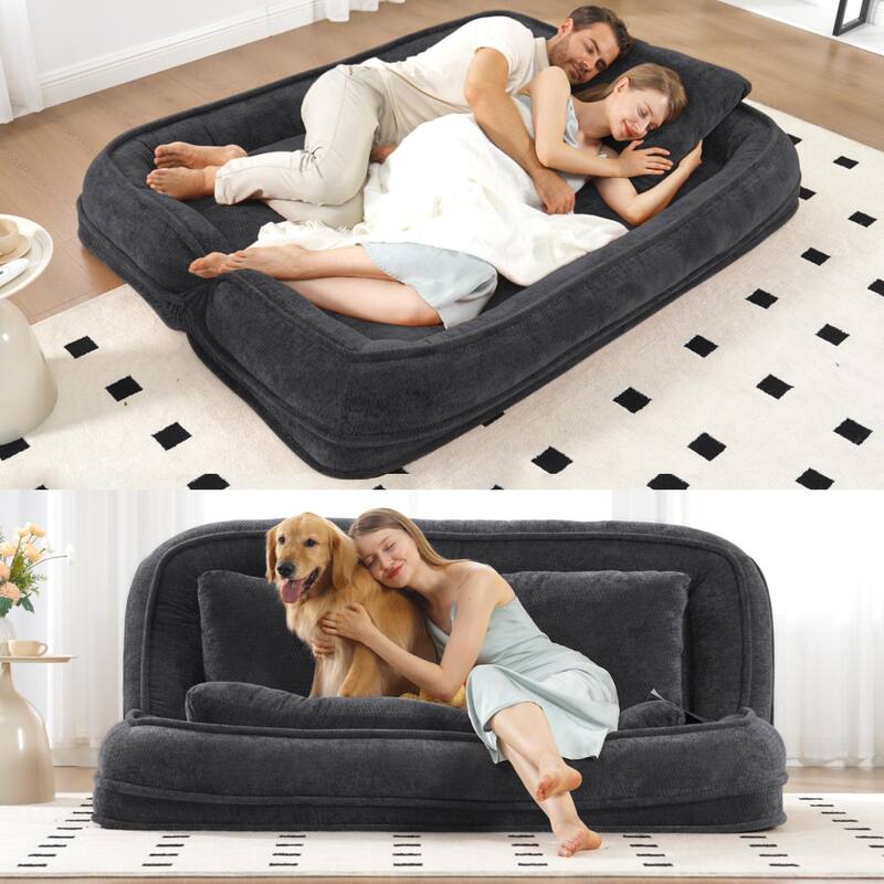 Pet Friendly Lazy Loveseat Sofa 2-in-1 Chenille Floor Couch Double Human Sleeper Bed with 5 Adjustable Position, Plump Pillows - Black