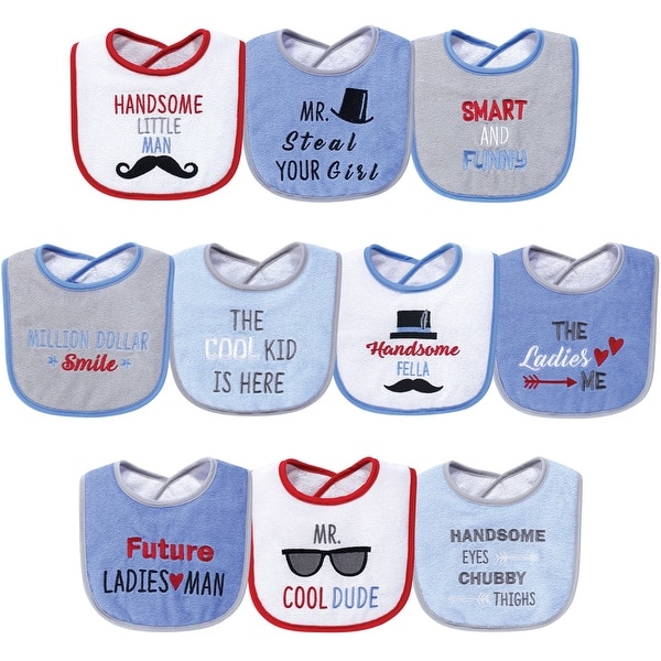 slide 1 of 1, Hudson Baby Infant Boy Cotton Terry Drooler Bibs with Fiber Filling 10pk, Handsome Eyes, One Size - Handsome Eyes - One Size One Size - Handsome Eyes