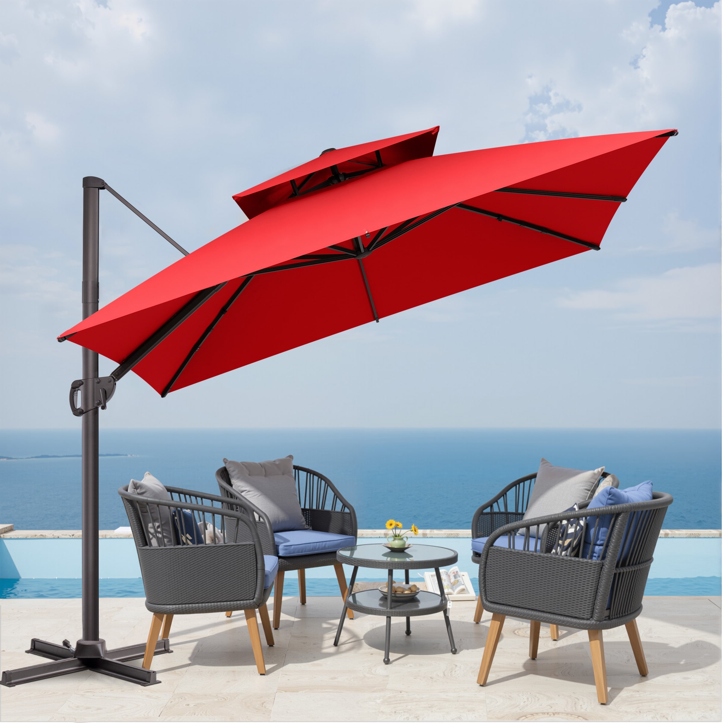 10x10 square patio umbrella Mojia FT Cantilever with Solar LED Lights and Cross Base, 360 Rotation Large Heavy Duty Offset Outdoor Umbrella with Easy Tilt for Pool Backyard Deck Garden Pellebant Outdoor 10ft Square Cantilever Patio Umbrella with Wheeled Base Provides a great experience Jair 10X10 ft Square Cantilever
