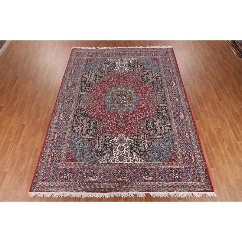 Animals Design Red Kashan Turkish Area Rug Machine Made Carpet - 9'9" x 13'0"