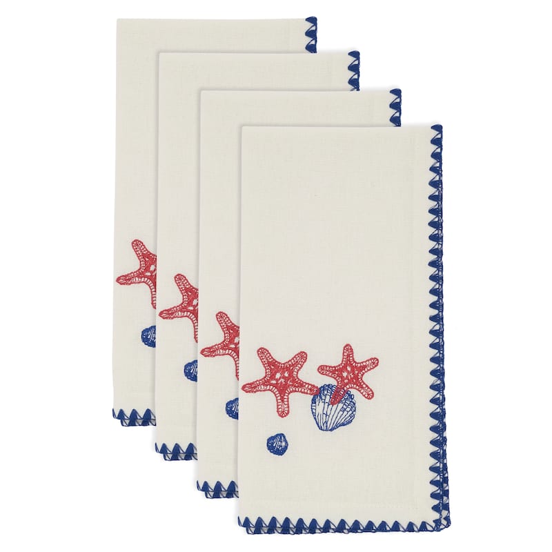 Coastal Motif Cotton Decorative Napkins (Set of 4) - Embroidered Marine Detail for Dining and Entertaining, 18"x18"