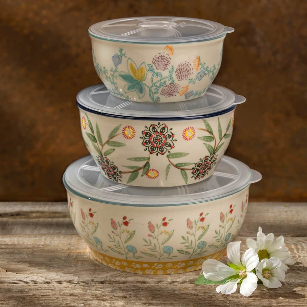 Euro Ceramica Ella 3 Piece Assorted Storage Bowls Set with Lids - Set of 3 with Lids