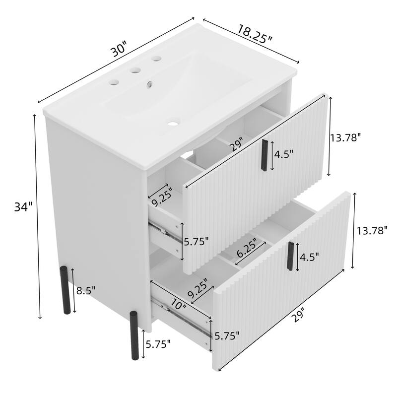 Bathroom Vanity with Ceramic Sink, Freestanding Bathroom Storage Cabinet, Fluted Bathroom Vanity with 2 Full-Extension Drawers