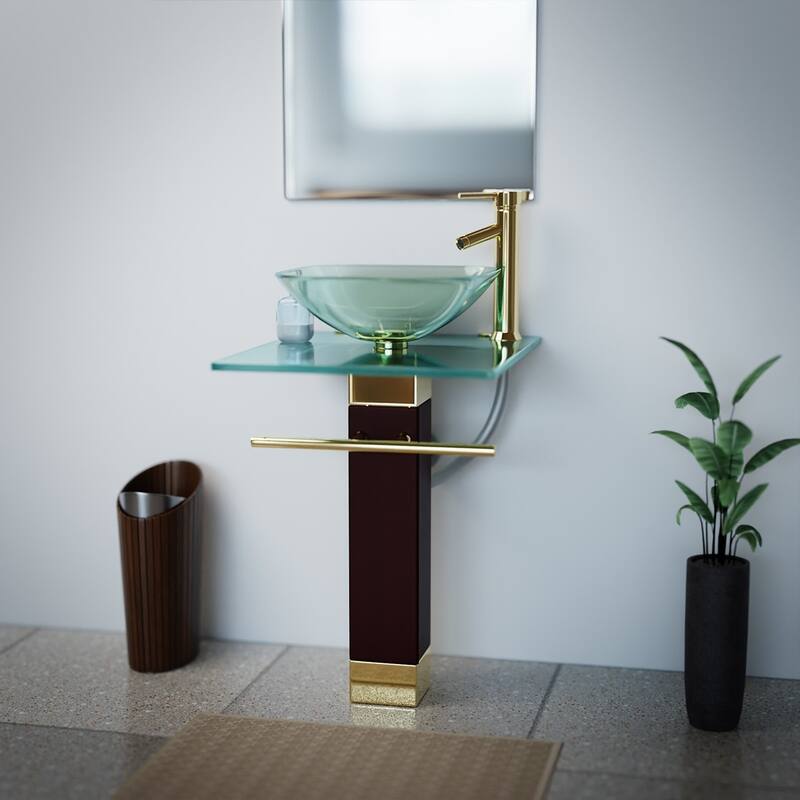 Bohemia Glass Pedestal Sink with Gold Plated Faucet, Drain and Towel Bar