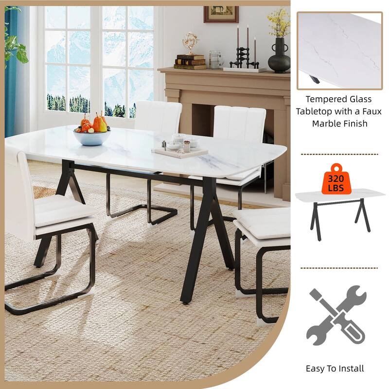 Rectangular dining table featuring a tempered glass tabletop with a marble-patterned design for restaurant dining settings