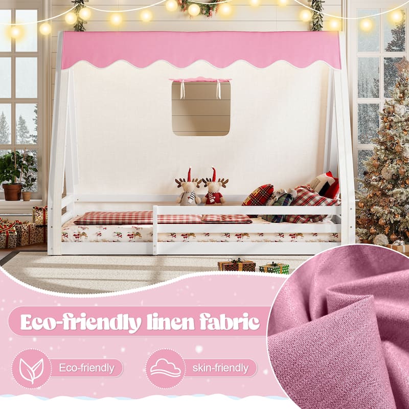 Full/Twin House Floor Bed with Tent, LED Light & Guardrails