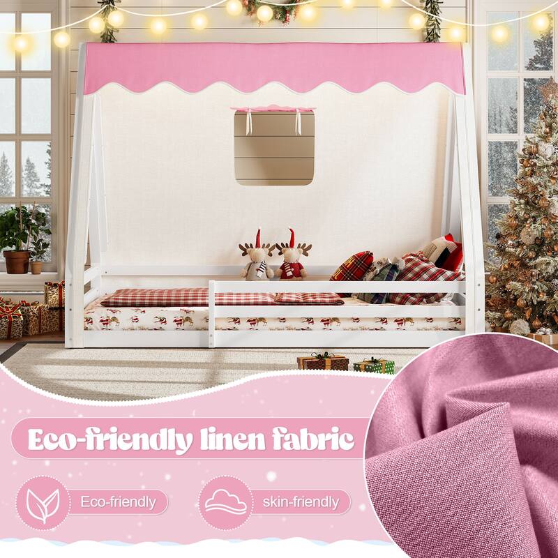 Montessori House Floor Bed with Tent and Lights, Solid Wood Teepee Bed with Guardrails, Twin/Full Kids Bed Frame