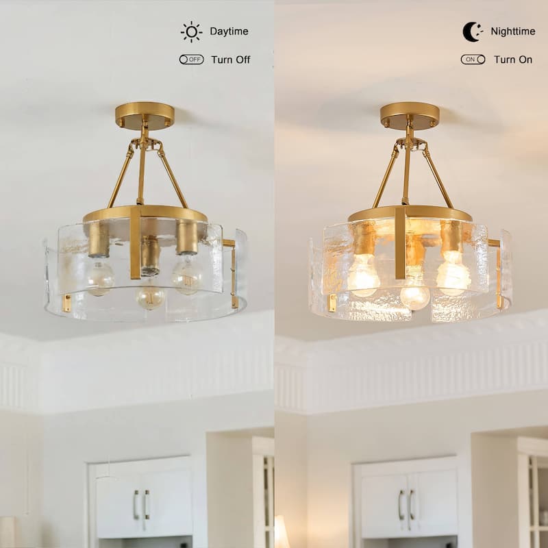 Reina 3-Light Water Textured Glass Panel Drum Semi Flush Mount