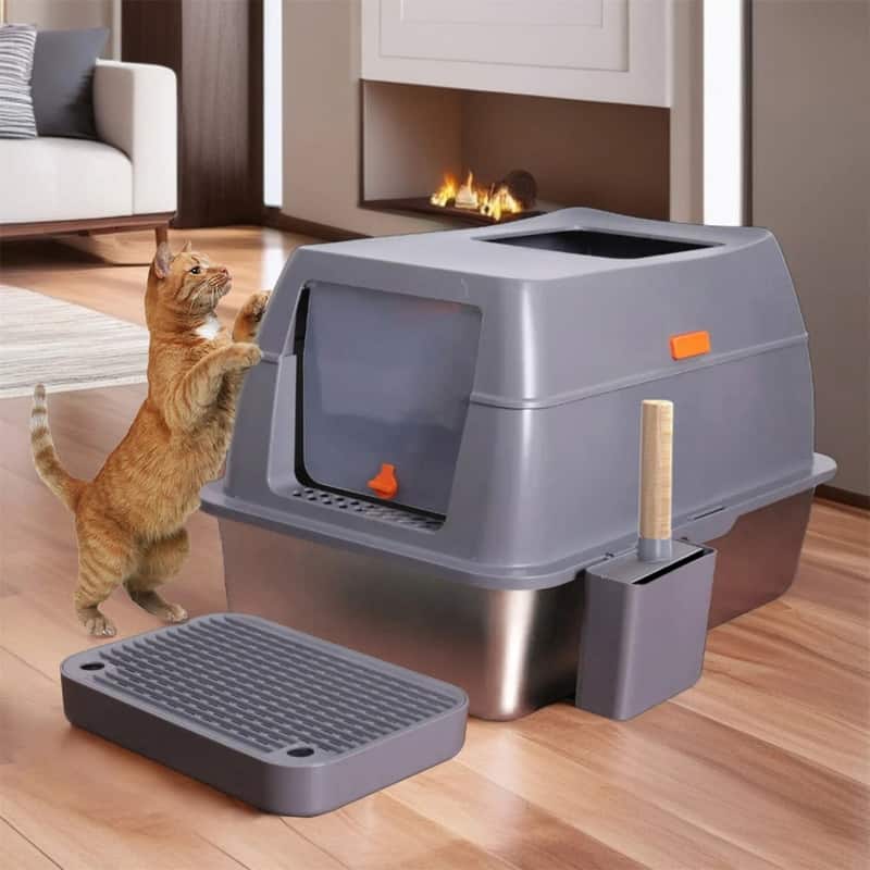 Extra Large Enclosed Stainless Steel Cat Litter Box Metal Litter Tray - Grey