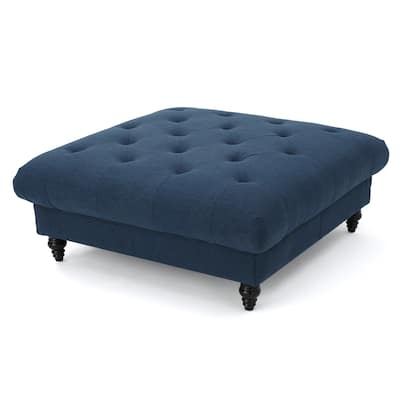 Capri Ottoman, Tufted Navy Blue Fabric, Birch Wood, Square 41 Inch