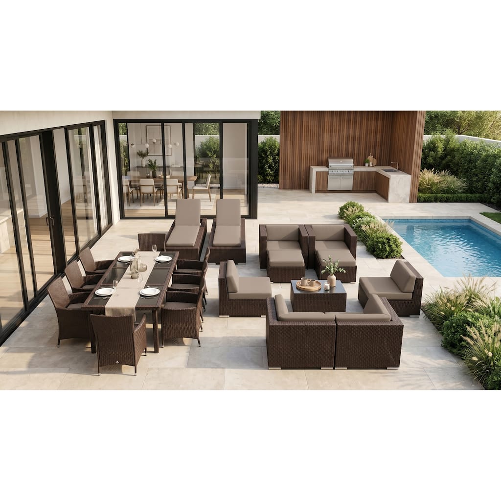 Ohana Outdoor Patio 20 Piece Dark Brown Wicker Sofa, Dining and Chaise Set