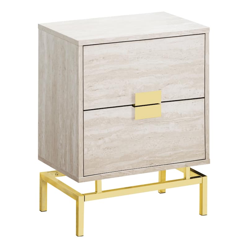Contemporary 2-Drawer End Table Metal Base Wood Top Nightstand for Bedroom or Living Room - 18.25”L x 12.75”W x 23.5”H - Beige-Gold