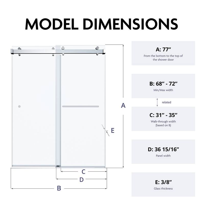 SP Series 68" - 72" W x 77" H Contemporary Frameless Double Sliding Shower Door with 3/8" Clear Tempered Glass